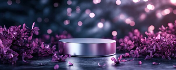 A sleek, metallic platform surrounded by vibrant purple foliage, softly lit with bokeh, perfect for product display.