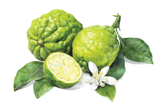 Watercolor bergamot fruit with leaf and flower on white background citrus