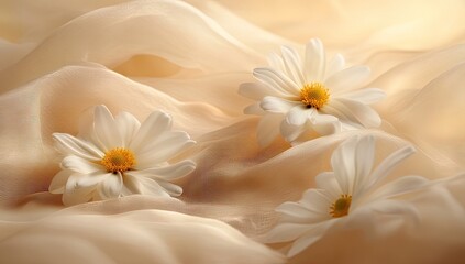 Delicate white daisies with yellow centers rest softly on layers of light beige, flowing fabric, close up.