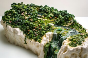 Miniature vibrant diorama of a lush, tropical jungle scene, including waterfall & river.