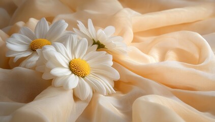 Close-up of three daisies with white petals and yellow centers, resting on a flowing beige cloth.