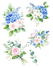 Watercolor floral bouquet illustration set Hydrangea myosotis rose peony blue white  png