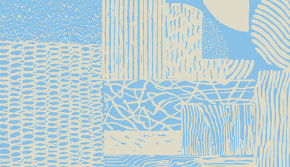 Hand drawn brush lines abstract organic shapes, textured surface, woven thread and dots in pastel blue. Tribal hand paint distress pattern for textile, and carpet