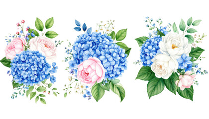 Watercolor floral bouquet illustration set Hydrangea myosotis rose peony blue white  png