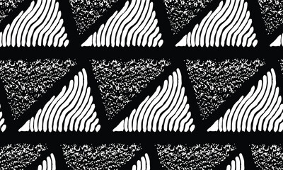 Hand drawn brush lines and stippling, seamless abstract triangles pattern, Ethnic and tribal handcrafted texture background. Simple geometric graphic for textile, decoration, carpet