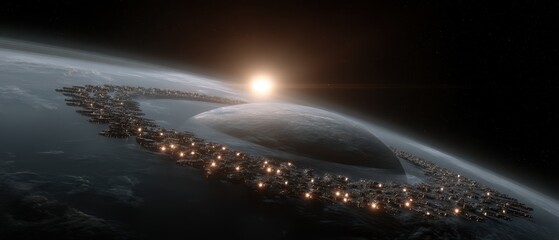 Massive colony ship approaching ringed exoplanet with distant star in space exploration theme
