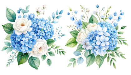 Watercolor floral bouquet illustration set Hydrangea myosotis rose peony blue white  png