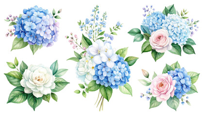 Watercolor floral bouquet illustration set Hydrangea myosotis rose peony blue white  png