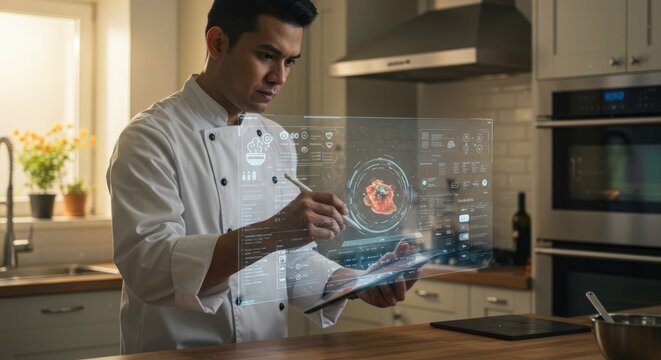Chef interacts with digital recipe in kitchen