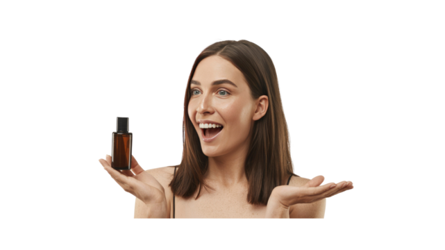 Amazed Young Woman Holding a Bottle of Serum or Essential Oil