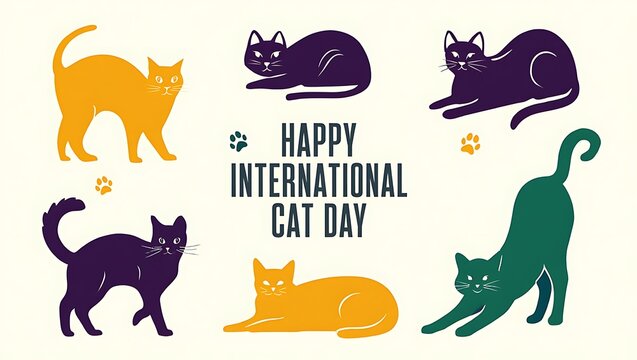 Happy international cat day with diverse feline illustrations