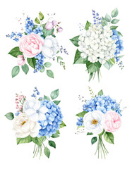 Watercolor floral bouquet illustration set Hydrangea myosotis rose peony blue white  png