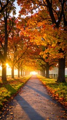 Naklejka premium Autumnal pathway bathed in sunlight