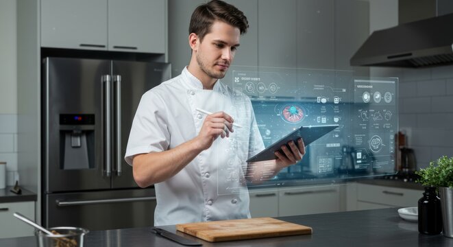 Chef using a tablet with holographic data in a modern kitchen