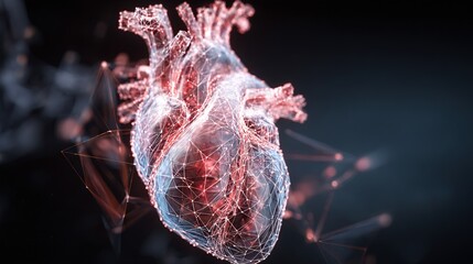 3D rendering of a human heart with glowing digital network connections, futuristic cyber medical technology concept, dark background with neon blue highlights.