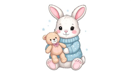 Obraz premium Cute cartoon bunny holding teddy bear