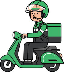 Smiling delivery person on a green scooter, carrying a package.