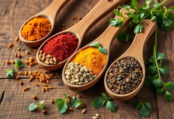 Vibrant spices in wooden spoons & bowls, fresh herbs on rustic wood Copy space,  lettuce,  copy space