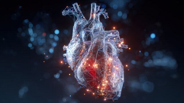 3D rendering of a human heart with glowing digital network connections, futuristic cyber medical technology concept, dark background with neon blue highlights.
