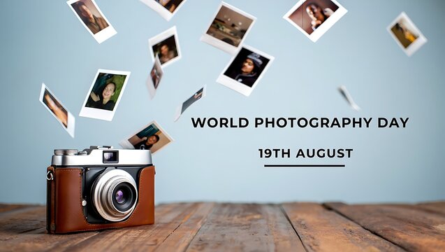 Vintage camera and falling photos celebrate world photography day
