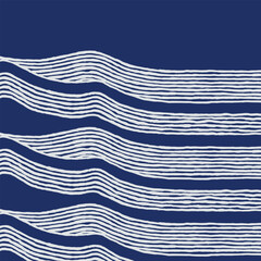 Hand drawn brush line abstract minimal wave and water, mountain stripes pattern in white and blue, Japanese ane ethnic wood carving, block print texture background, simple graphic for textile