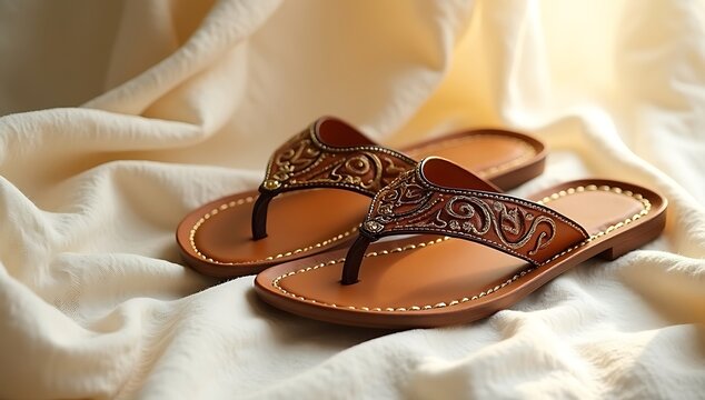 Pair of traditional ethnic Indian kolhapuri chappals placed diagonally on a light cream textured fabric background with soft natural lighting.

