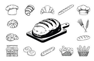 Artistic bakery essentials collection featuring loaves, croissants, chef hats, and shopfront sketch