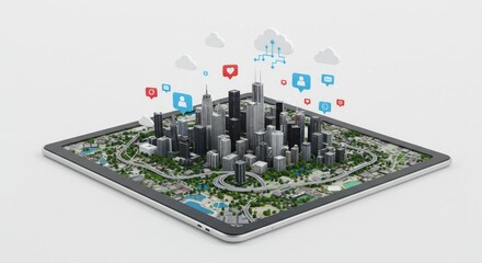 Cityscape model on tablet with cloud and social media icons floating above
