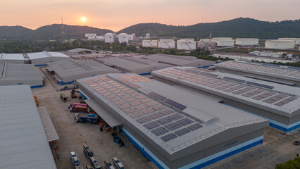 Top view Solar Cell on Warehouse Factory. Solor photo voltaic panels system power or Solar Cell on...