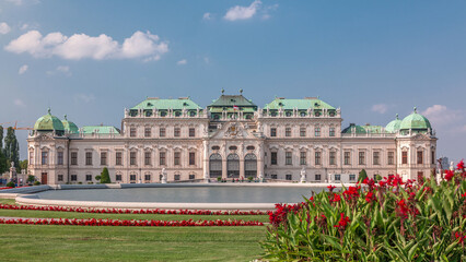 Fototapeta premium Belvedere palace with beautiful floral garden timelapse, Vienna Austria
