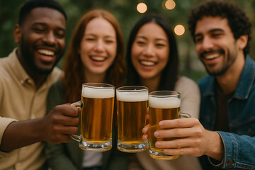 Happy friends celebrating with beer mugs outdoors enjoying laughter and bonding during international beer day community moments with fun and golden bubbly drinks