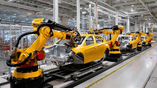 Robotic Assembly Line: Witness the cutting-edge efficiency of automotive manufacturing as robotic arms meticulously assemble vehicle components on a state-of-the-art assembly line.