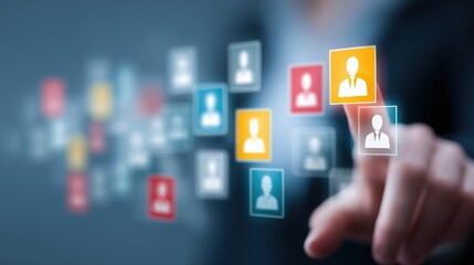Person Interacting With A Digital Network Of Colorful Profile Icons On A Dark Background