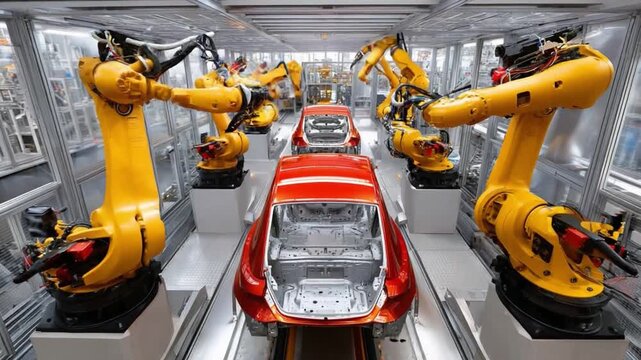 Robotic Assembly Line: A high-angle perspective unveils an advanced automotive assembly line where robotic arms meticulously work on car chassis, reflecting automation and modern industry