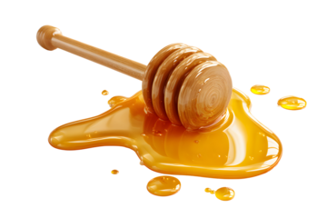 Wooden honey dipper on golden honey puddle isolated on transparent background