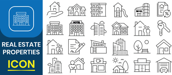 Real estate icon collection set. Icon for property, buying, renting, house, home, transactions,  personal, location, buildings, housing, residential, apartment. Vector illustration.