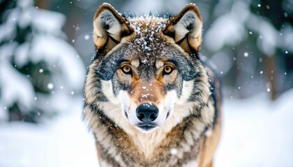 Obraz premium Close-up of a majestic wolf's face, covered in snowflakes, with intense eyes and photorealistic fur gleaming in the winter light.