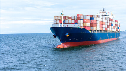 Aerial of cargo ship carrying container  for export cargo from cargo yard port to other ocean...