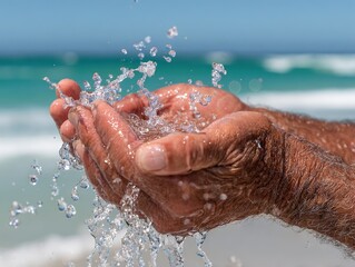 Fototapeta premium Weathered hands splash seawater under bright sunlight by the beach, symbolizing connection to nature, vitality, and the purity of the ocean