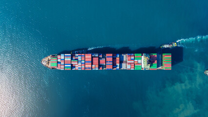 Aerial of cargo ship carrying container for export cargo from cargo yard port to other ocean...