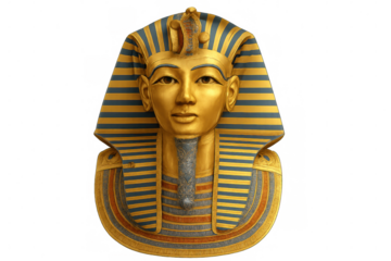 Golden pharaonic death mask of tutankhamun, digitally rendered in photorealistic detail, floating against transparent surface