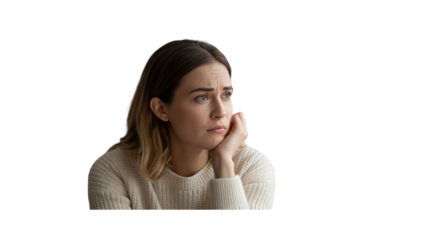 Pensive Young Woman Contemplating, Thoughtful Expression, Indoor Portrait