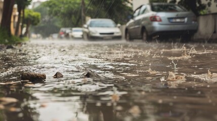Fototapeta premium Atmospheric Scenes of Streets after Heavy Rain: Glistening Pavements, Reflections of Neon Lights, Wet Storefronts, and Misty Alleyways with Fresh Raindrops, Puddles, and Post-Storm Serenity for Urban 