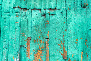 Weathered Turquoise Wood with Exposed Brown Core.  a close up of a wall. The texture of old rusty metal covered with peeling turquoise (blue, green) paint. Background for the design.