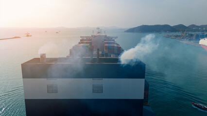 Smoke exhaust gas emissions carbondioxide from cargo lagre ship container ship,Marine diesel engine...