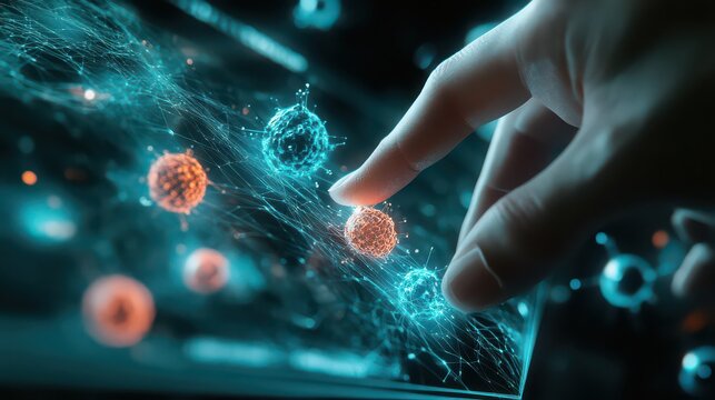 A finger touching a holographic display showing orange and blue spherical objects with glowing connections