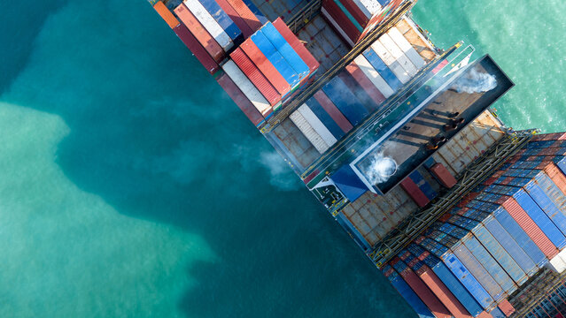 Smoke exhaust gas emissions carbondioxide from cargo lagre ship container ship,Marine diesel engine exhaust gas from combustion, Gas Emission Air Pollution from transportation. green house effect Eco
