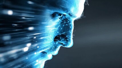 Digital Human: A futuristic digital rendering of a human face, intertwined with a network of glowing blue data, capturing the essence of advanced technology. - Powered by Adobe
