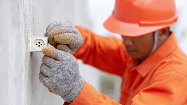 Electrician in Action: A focused electrician, clad in protective gear, meticulously installs an electrical outlet on a neutral-toned wall, showcasing skill and precision.