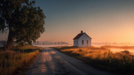 Picturesque Sunrise Over Rural Landscape With A Small House